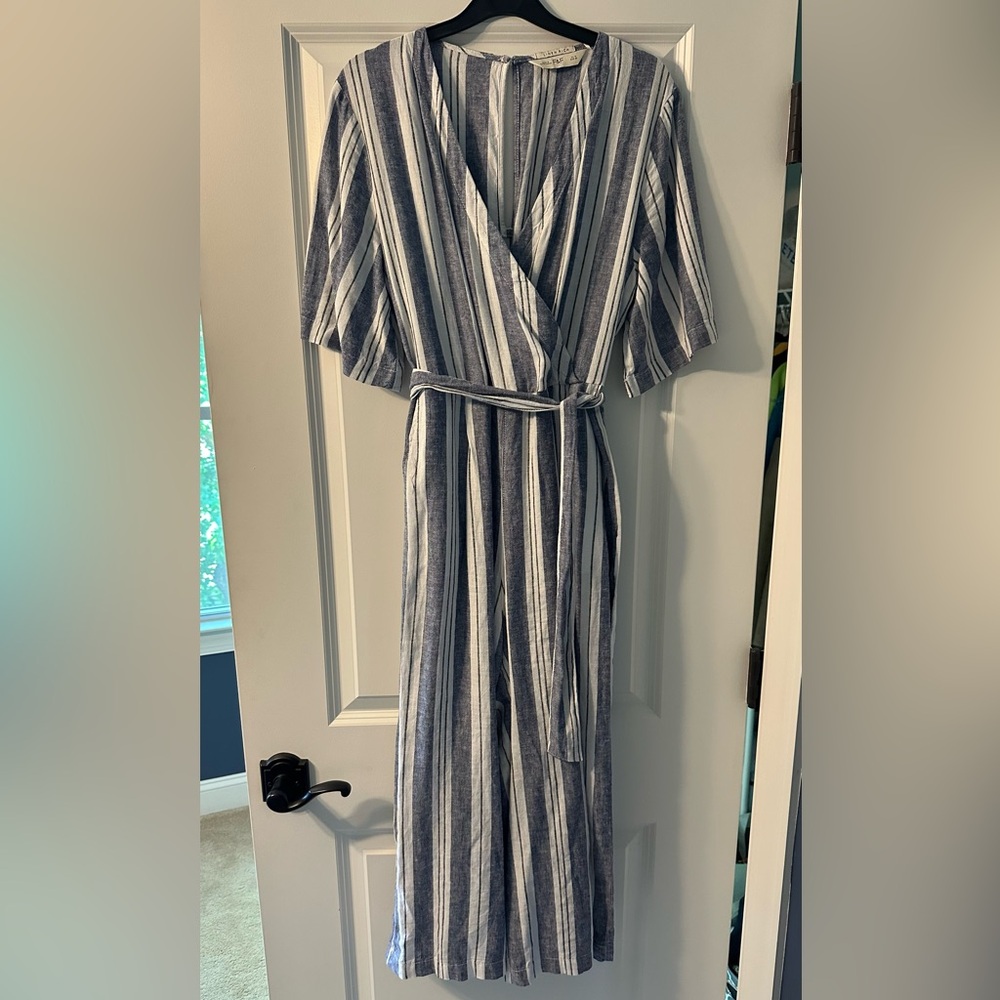 Striped Linen-Rich Blue and White Wrap Jumpsuit